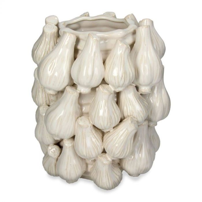 Unieke bloempot Garlic van geglazuurd aardewerk met knoflookvormige details. Perspectief aanzicht.
