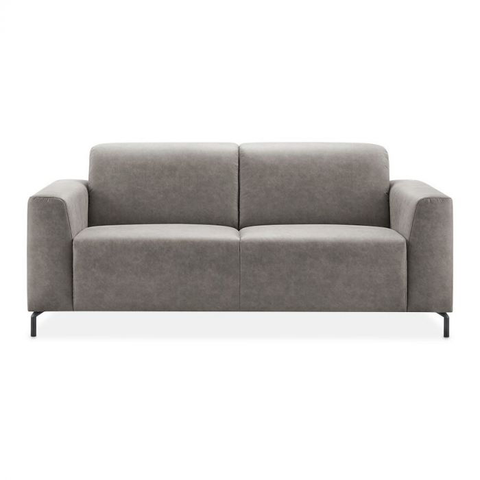 2,5-zitsbank Aveiro in grijze stof met leerlook, vooraanzicht met sierkussens.