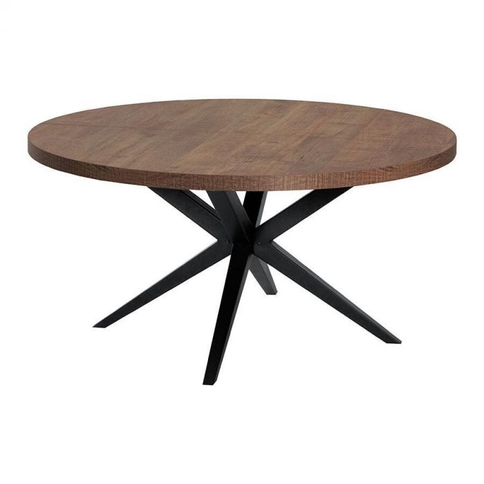 Ronde eettafel Mascaro van Pronto Wonen met een warm mango decor tafelblad en een zwart metalen onderstel.