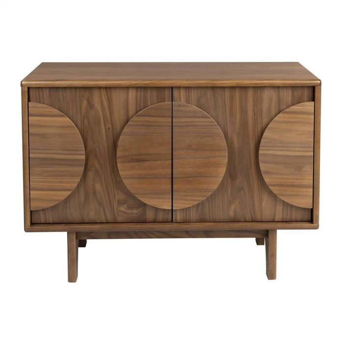 vooraanzicht van een houten dressoir uit de collectie zuiver met twee deuren, versierd met grote ronde patronen, uitgevoerd in een natuurlijke houtkleur en ondersteund door slanke poten.