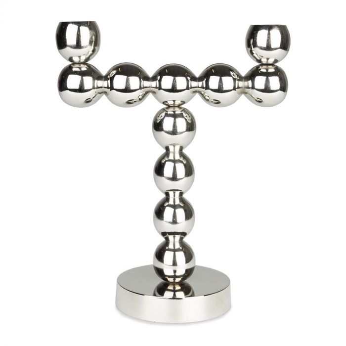 Zilveren Bubbles kandelaar voor twee kaarsen in volledige weergave.