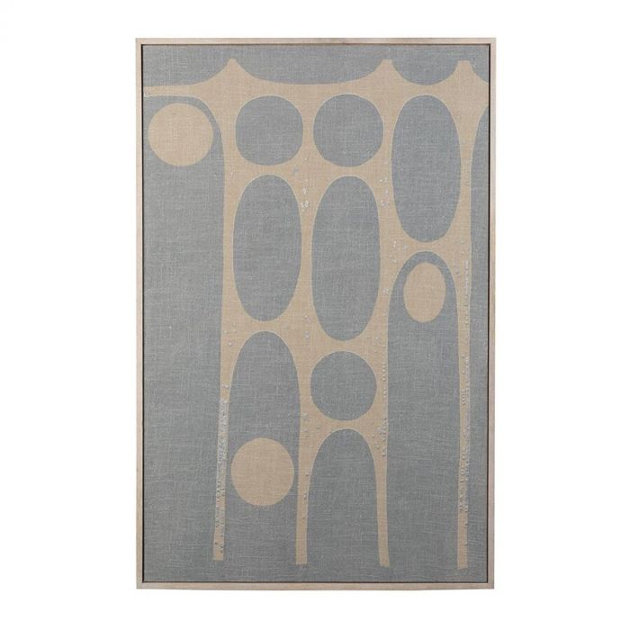 Abstracte wanddecoratie met blauwe en beige vormen op canvas in een houten frame.
