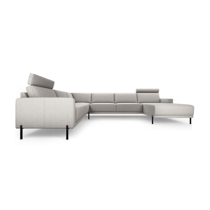 Lichtgrijze hoekbank Jamison met ottomane en verstelbare hoofdsteunen op zwarte metalen poten