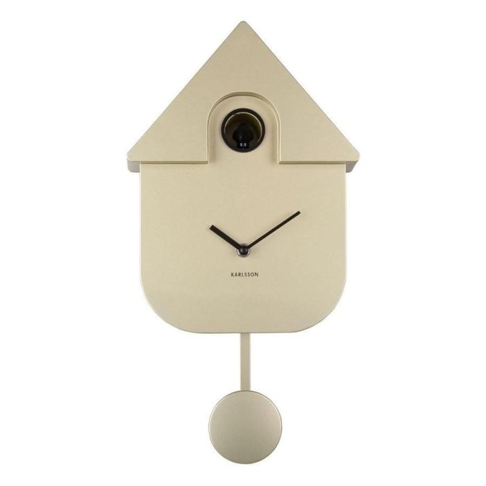 Vooraanzicht van de Karlsson Wandklok Modern Cuckoo Metallic Gold met zwarte wijzers en pendel