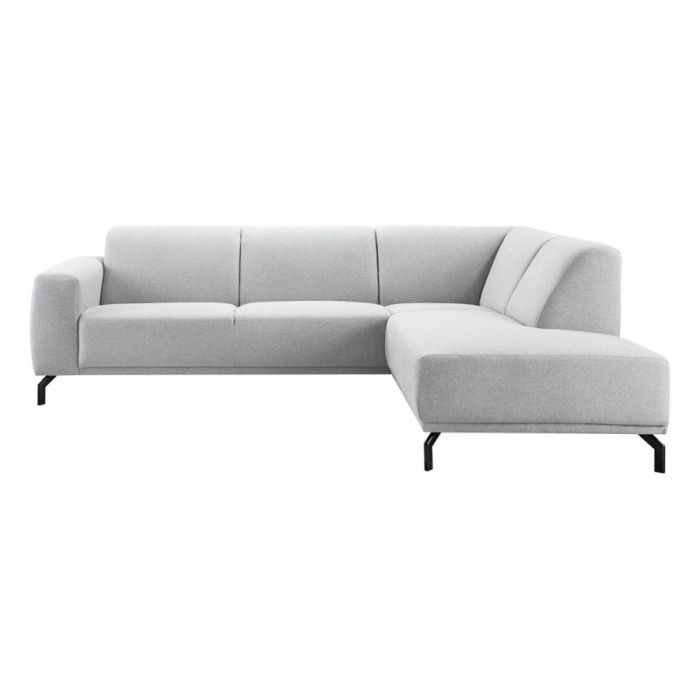 Lichtgrijze hoekbank Bellanti rechts in zij-aanzicht met chaise longue rechts, strakke belijning en zwarte metalen poten op witte achtergrond.