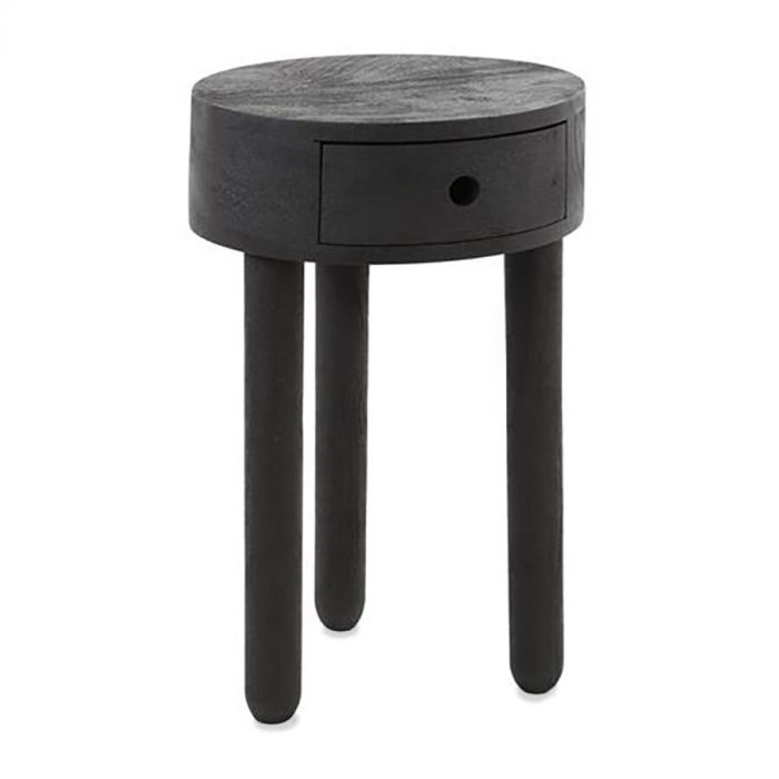 Nachtkastje Zolling met een ronde vorm, zwarte afwerking en handige lade aan de voorkant.