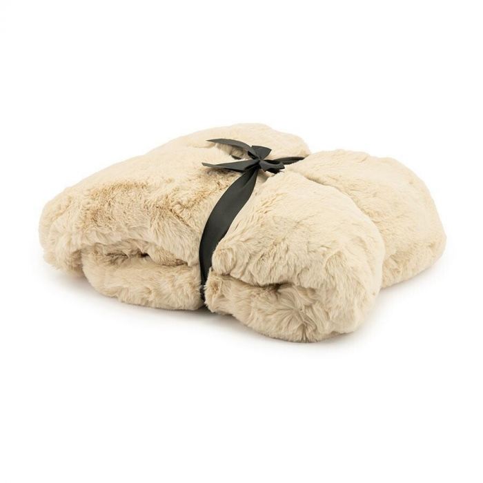 Opgevouwen Mosa plaid in beige met zwarte strik.