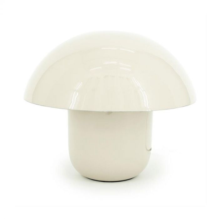 Een close-up van een beige, paddenstoelvormige tafellamp met een glanzende afwerking, geplaatst tegen een effen witte achtergrond.