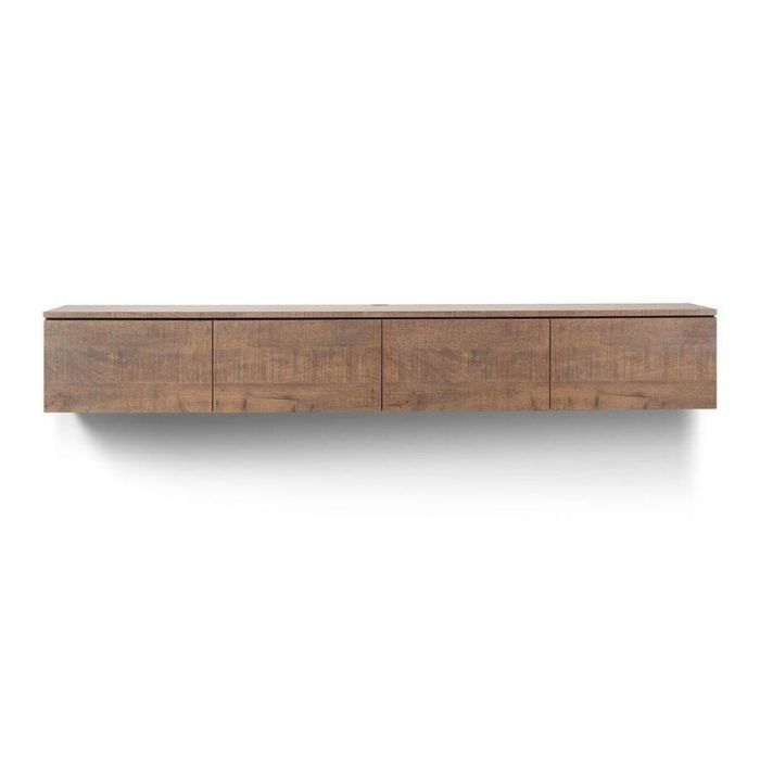 Zwevend tv-meubel Selero van 241 cm breed in warm mango decor, met vier greeploze deuren en een strak design.