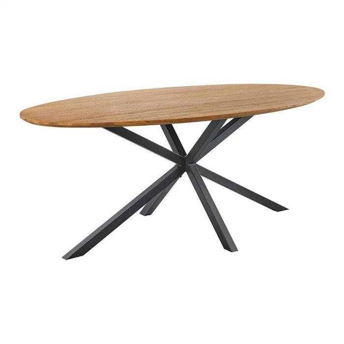 Eettafel Romaro van Pronto Wonen – ovalen  teak tafel met een robuust houten blad en een metalen spinpoot in zwart.