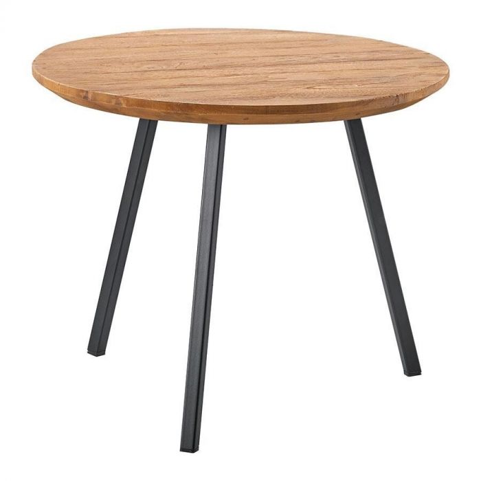 salontafel Romaro – Ronde houten bijzettafel van Pronto Wonen met een naturel teak blad en drie zwarte metalen poten, strak en tijdloos design.