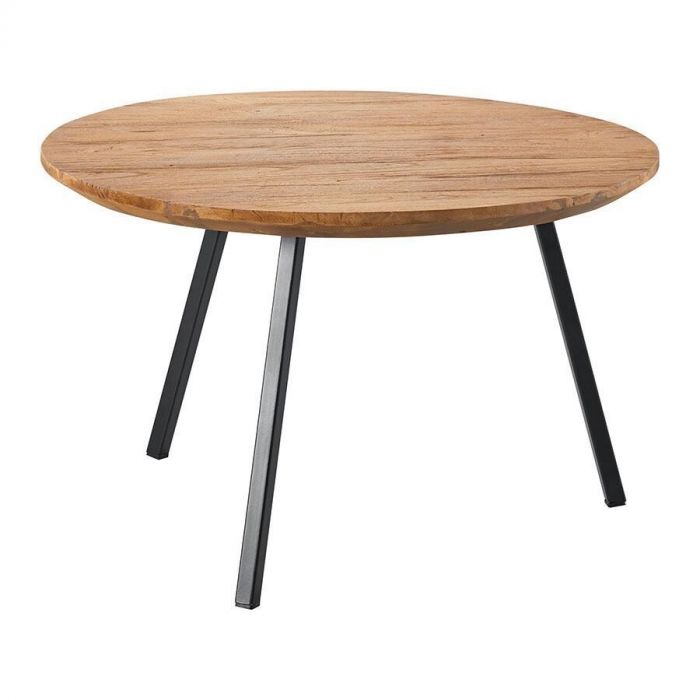 salontafel Romaro – Ronde houten bijzettafel van Pronto Wonen met een naturel teak blad en drie zwarte metalen poten, strak en tijdloos design.