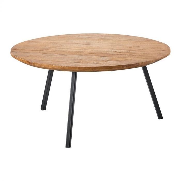 salontafel Romaro – Ronde houten bijzettafel van Pronto Wonen met een naturel teak blad en drie zwarte metalen poten, strak en tijdloos design.