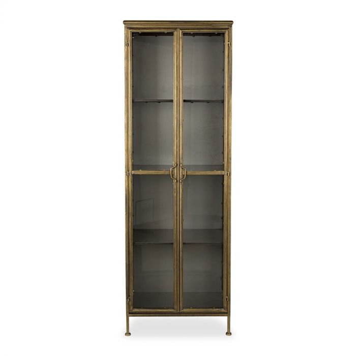Opbergkast Gertlush met glazen deuren en messingkleurige afwerking, vooraanzicht.