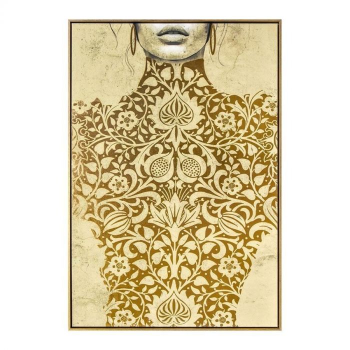 Close-up van wanddecoratie Floral Lady – Een rechthoekig kunstwerk met een vrouwensilhouet, versierd met gouden florale patronen op een beige achtergrond. De bovenste helft toont alleen de mond en kin van de vrouw.