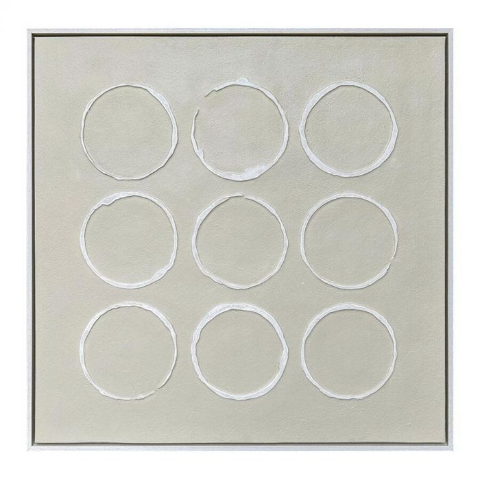 Vierkant wandpaneel Circles van Ter Halle met een minimalistisch ontwerp. Op een zachtgroene achtergrond zijn negen witte cirkels in reliëf aangebracht.