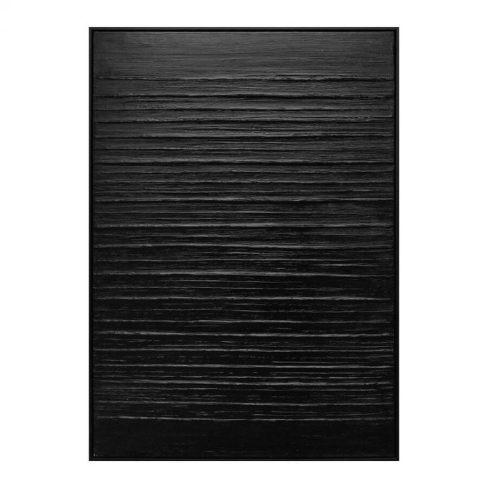 Close-up van wanddecoratie Mystic Mist – Een rechthoekig kunstwerk met een diepzwarte kleur en een gestructureerd, horizontaal reliëf.