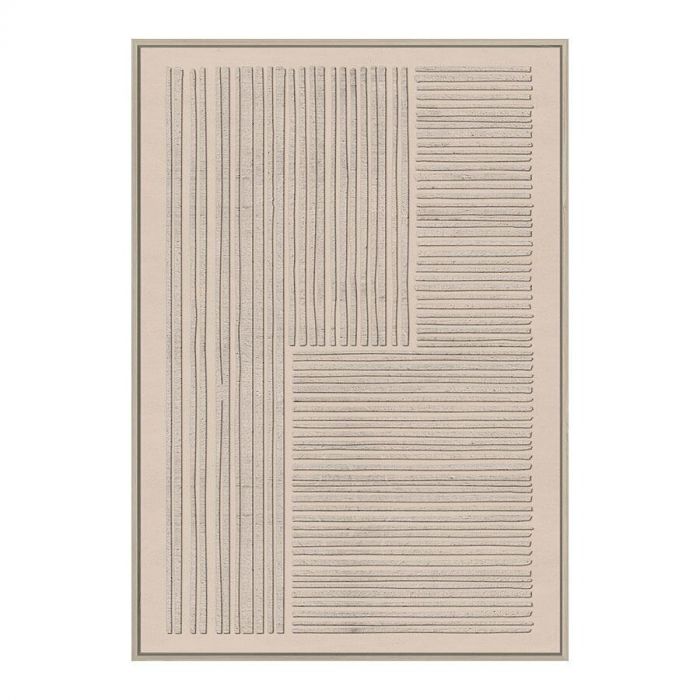 Een rechthoekig wandpaneel met een reliëfontwerp van verticale en horizontale strepen, ingedeeld in twee vlakken. De neutrale beige tint en de subtiele structuur zorgen voor een minimalistische uitstraling.