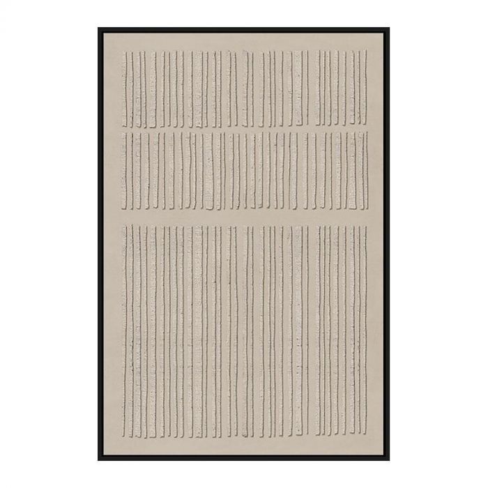 Canvas wanddecoratie Stripes van Ter Halle, 80x120 cm, met een abstract patroon van verticale reliëfstrepen in beige op een neutrale achtergrond, omlijst in een zwarte lijst.