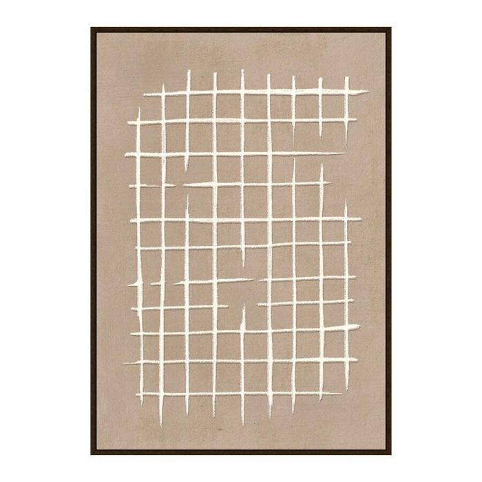 Canvas Mesh met wit lijnenspel op een zandkleurige achtergrond, inclusief lijst.