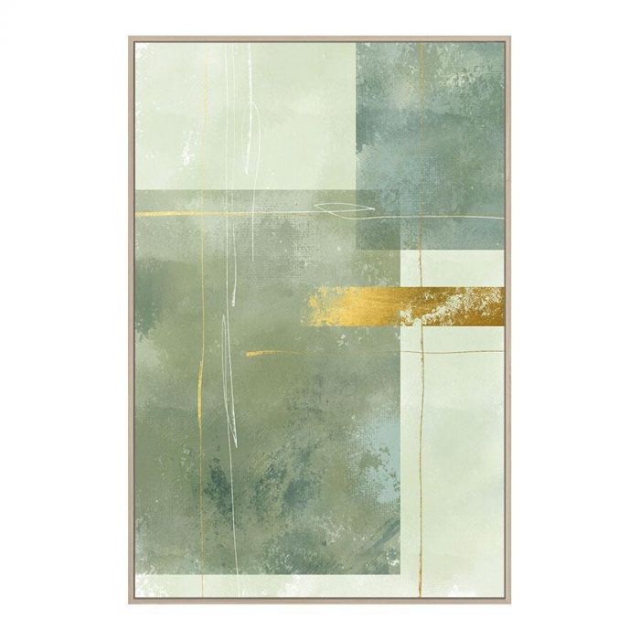 Wanddecoratie Green Fields met abstracte groentinten en goudfolie, inclusief minimalistische lijst.