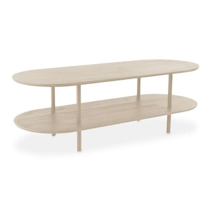Salontafel Fenna met een ovaal ontwerp, vervaardigd uit hout in een lichte zandkleur, met twee niveaus voor extra opbergruimte.