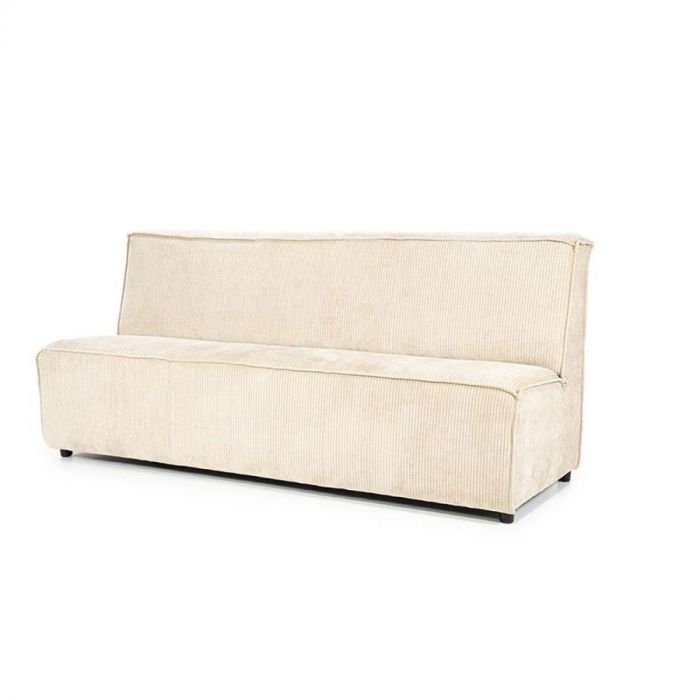 Eetkamerbank James in beige ribstof met hoge rugleuning en strakke vlindernaad, vrijstaand gefotografeerd op witte achtergrond.