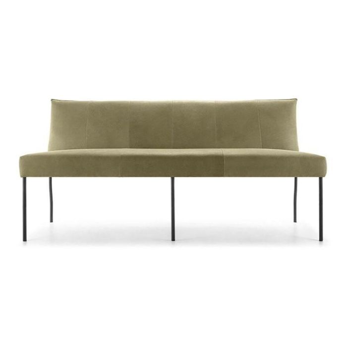 Baenks eetkamerbank Via Maggio in olive leder met zwart metalen poten, vooraanzicht