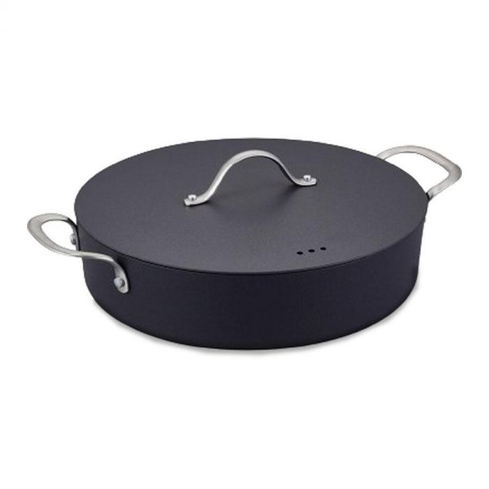 Hapjespan Brabantia Balance 28 cm met deksel, zijaanzicht in gesloten toestand.