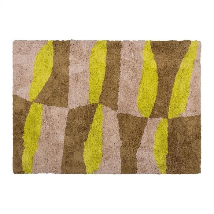 WOOOD vloerkleed Musa met natuurlijke en gele tinten, vervaardigd uit zacht materiaal met grafisch patroon.