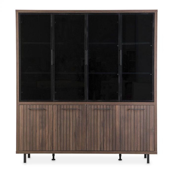 Donkerbruine vitrinekast Tenino met vier gesloten deuren en vier glazen deuren, metalen handgrepen en poten.