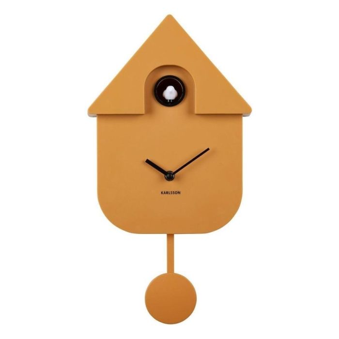 Karlsson klok in okergeel, modern design met koekoek en slinger, kunststof.