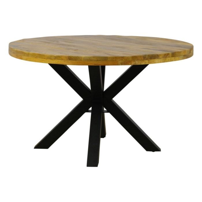 Vooraanzicht van eettafel Wallace Rond met houten blad en zwarte metalen kruispoot.