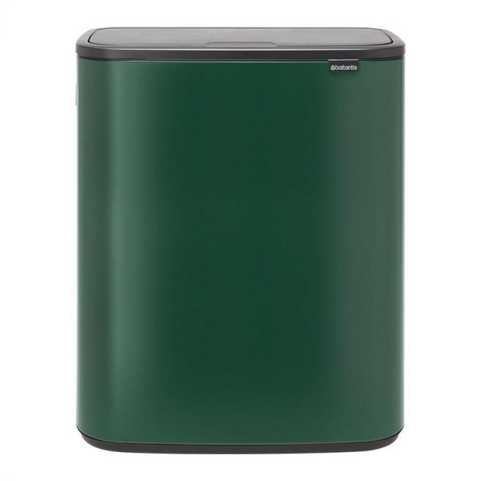 Vooraanzicht van de Brabantia Bo Touch Bin in de kleur Pine Green, met een strak en modern design.