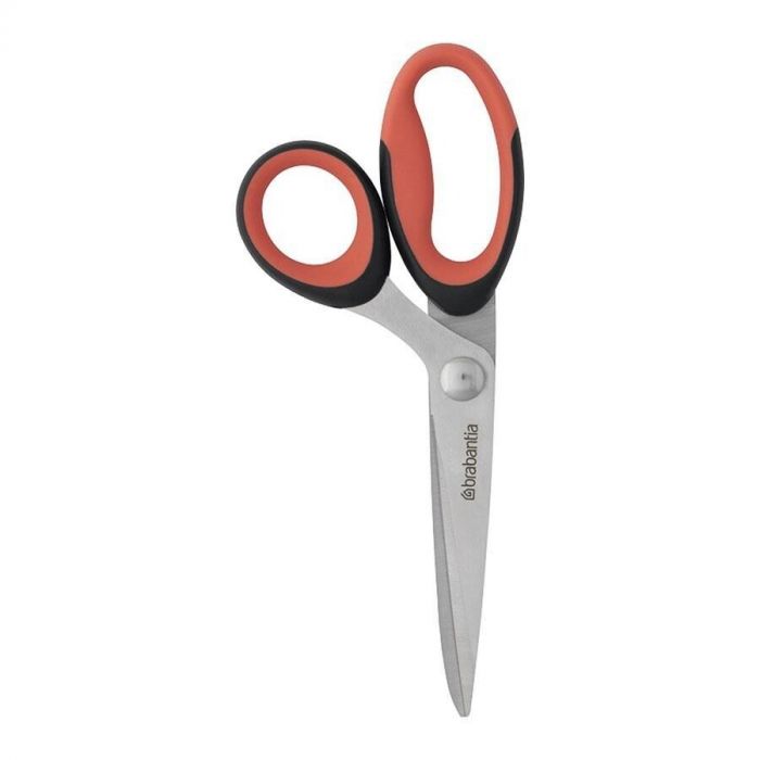 Brabantia Tasty+ keukenschaar met rode en zwarte antislip handgrepen en roestvrijstalen bladen.