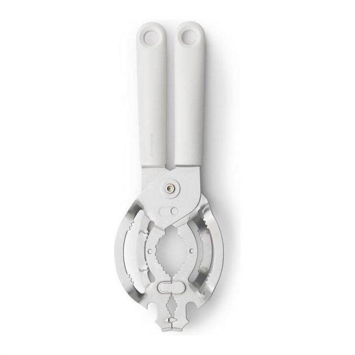 Brabantia allesopener met wit handvat en multifunctioneel ontwerp, geschikt voor potten en flesjes.
