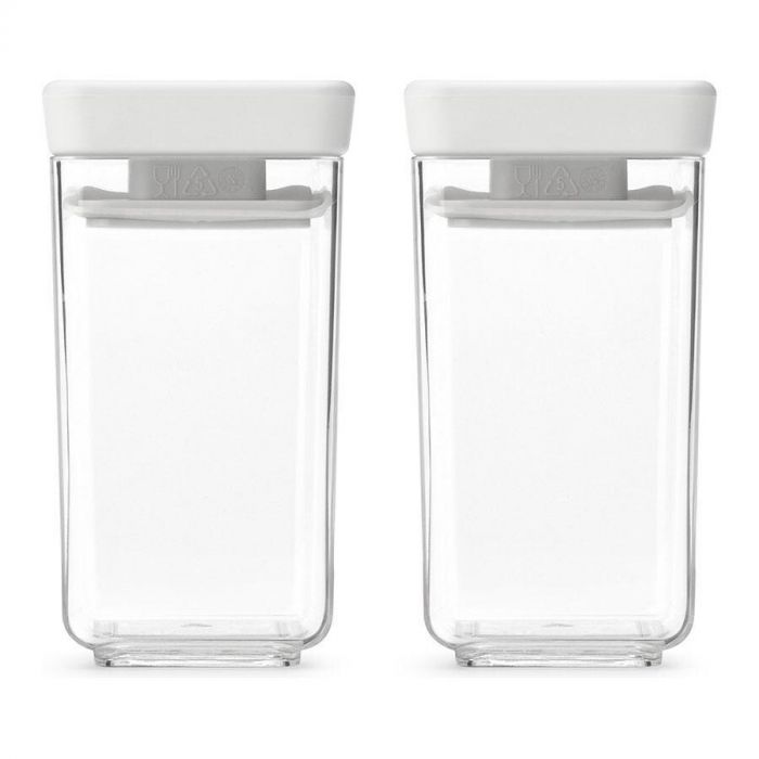 Set van twee transparante Brabantia Tasty+ voorraadbussen van 0,15 liter met witte deksels, perfect voor het organiseren van je keukenvoorraad.