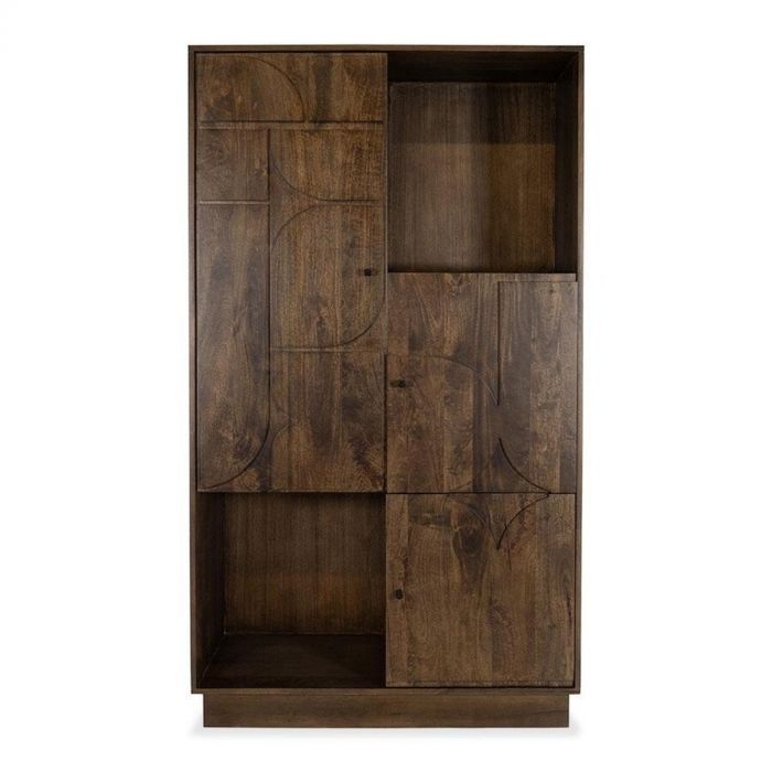 Grote wandkast Kaapstad, frontaal beeld met walnoothout en donkerbruine kleur, inclusief een organisch patroon op de kastdeuren.