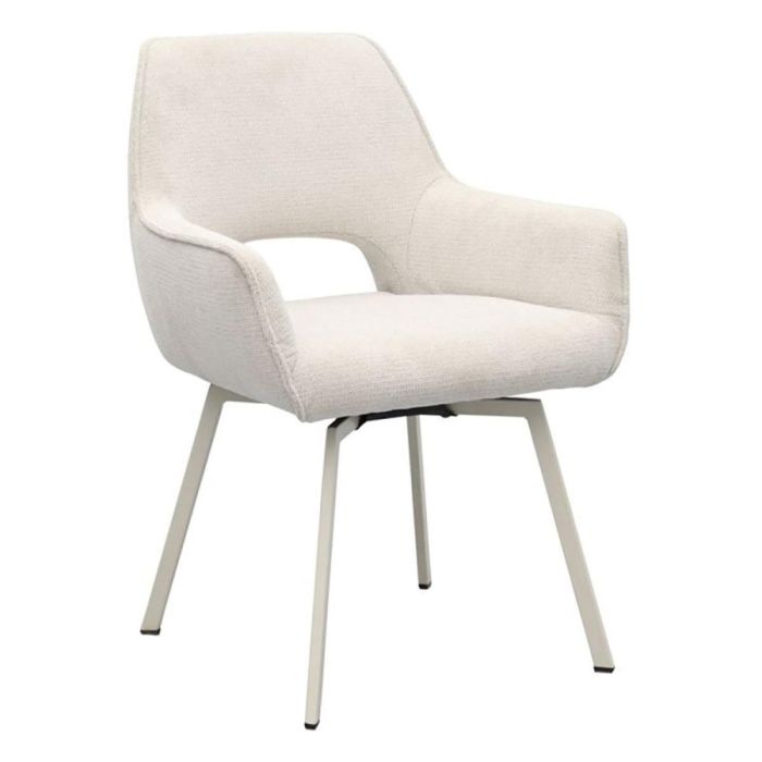 Trendhopper armstoel Freya in lichte stof met armleuningen en licht metalen poten, schuin van voren.