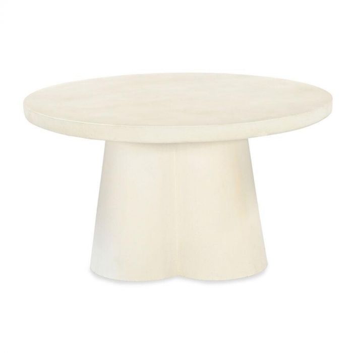 Ronde salontafel Sandy groot, gemaakt van beige gecoat materiaal met een minimalistisch ontwerp.