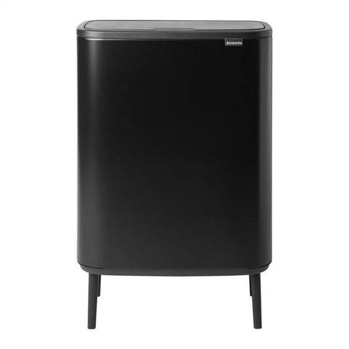Vooraanzicht van de Brabantia Bo Touch Bin Hi 2 x 30L in een stijlvolle zwarte uitvoering, met elegant ontwerp.