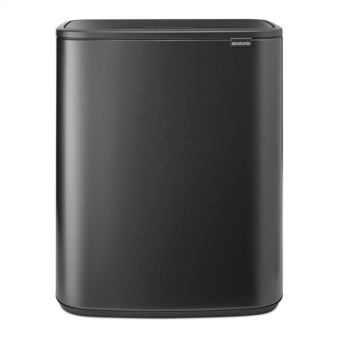Brabantia Bo Touch Bin 2 x 30L in zwart, strak en modern design, frontaal weergegeven.
