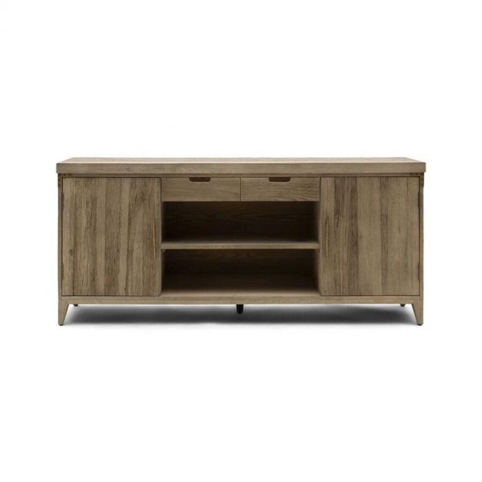 Vooraanzicht van het houten dressoir Brescia met twee deuren, open vakken en twee kleine laden.