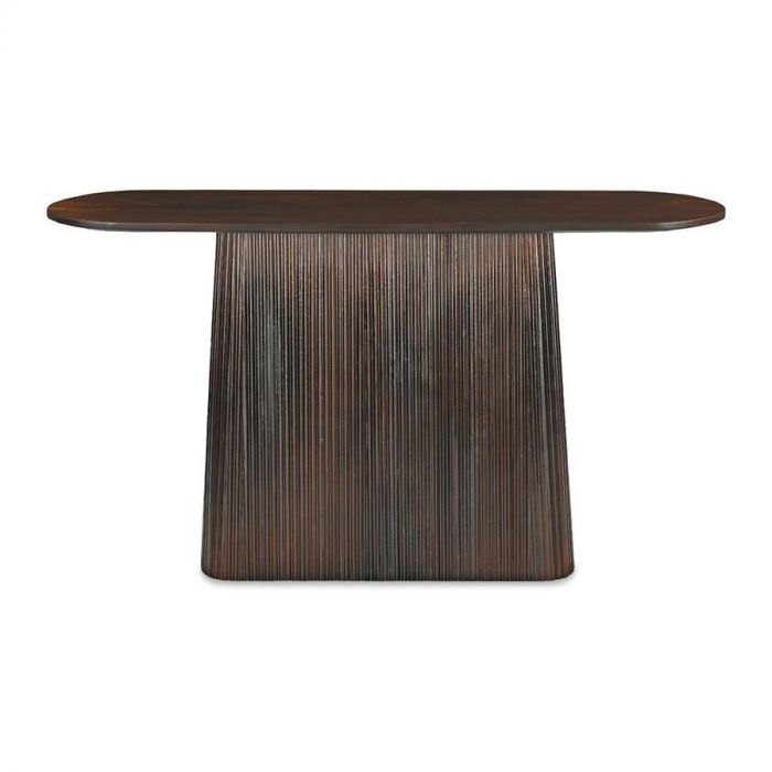 Sidetable Noria in walnootkleur met een uniek ribbelpatroon op de middenpoot en een stijlvol ovaal tafelblad.