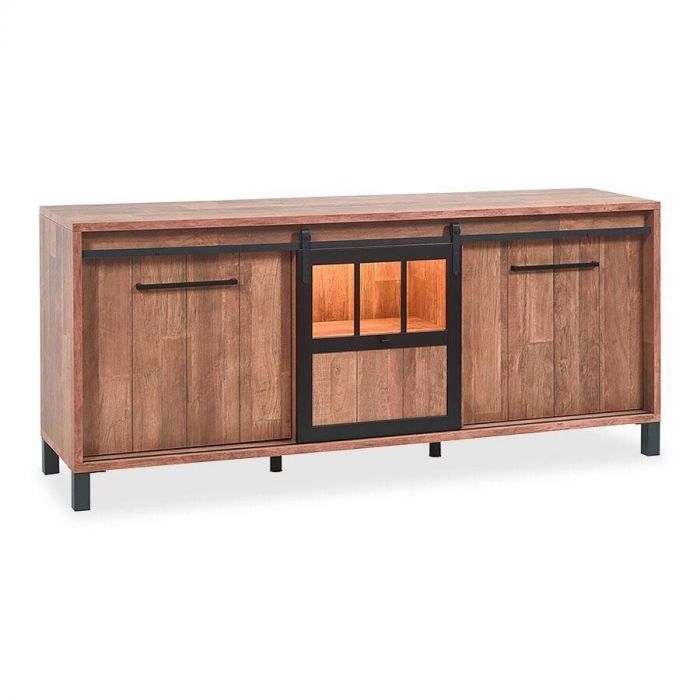 Dressoir Alva in old teak melamine met matzwarte accenten en schuifdeur.
