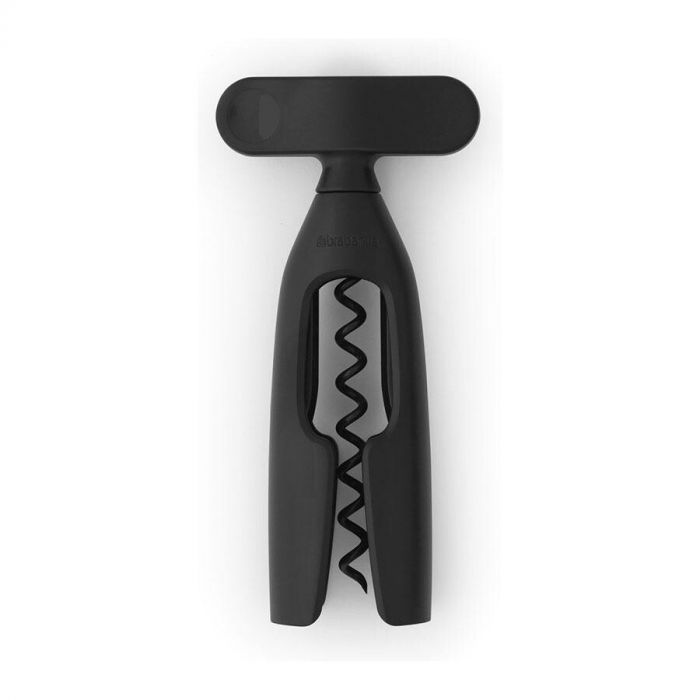 Zwarte Brabantia Tasty+ kurkentrekker met een minimalistisch en modern ontwerp, liggend op een witte achtergrond.