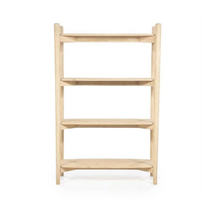 Wandkast Selbu van Eleonora in naturel mangohout, vooraanzicht met vier ruime planken en afgeronde hoeken.