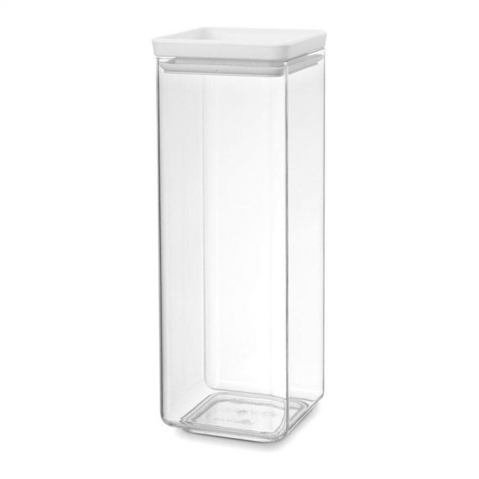 Transparante, vierkante Brabantia Tasty+ voorraadbus met witte deksel, ideaal voor het bewaren van spaghetti, 2,5 liter inhoud.