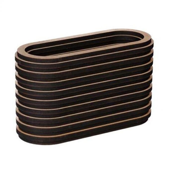 Blij Design wandlamp The Oval in naturel kleur, zijaanzicht van de minimalistische houten lamellenconstructie die warm licht verspreidt.