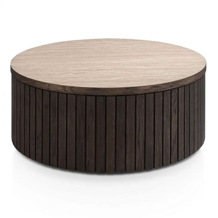 Ronde Henders & Hazel salontafel Rafello 80 cm in basalt met donker houten onderstel en licht travertinlook tafelblad.